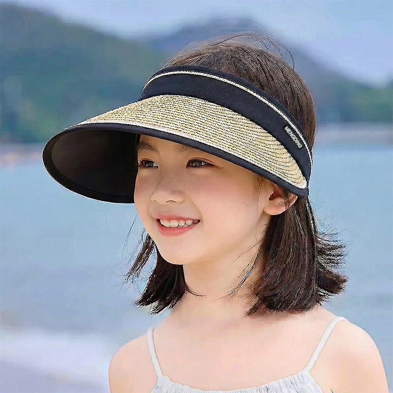 儿童防晒帽女童亲子款黑胶空顶帽大檐可折叠防紫外线遮阳海边草帽
