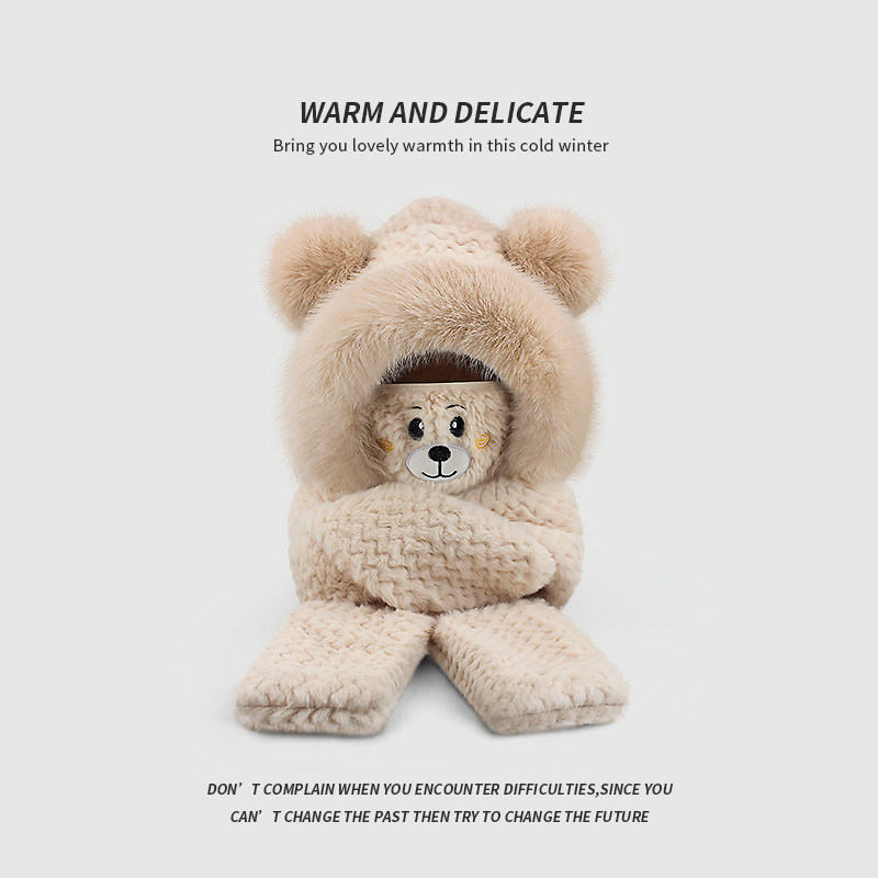 小熊毛绒帽子围巾一体女款冬季2023新款可爱秋冬天手套三件套保暖