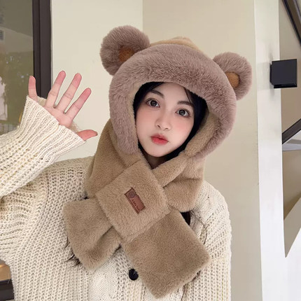 毛绒小熊帽子围巾一体女款2024新款秋冬季手套连帽围脖骑行三件套