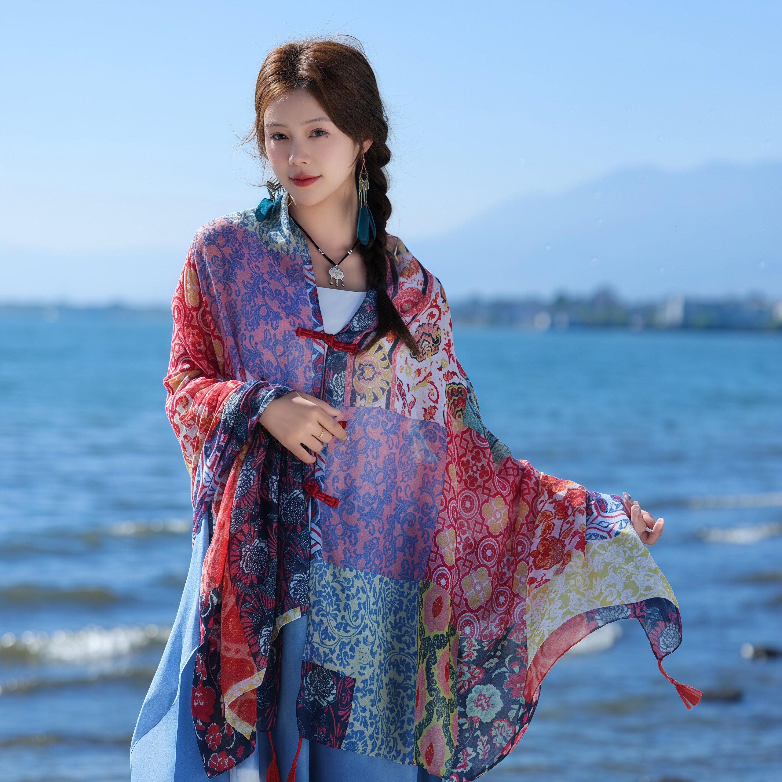 2026新款丝巾夏季披风百搭防晒披肩两用长款盘扣纱巾沙滩巾围巾女