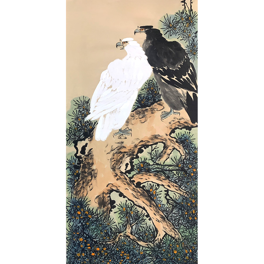 手绘定制雉鹰图高清国画花鸟临摹彩色工笔花鸟松鹰图宣纸画芯挂画
