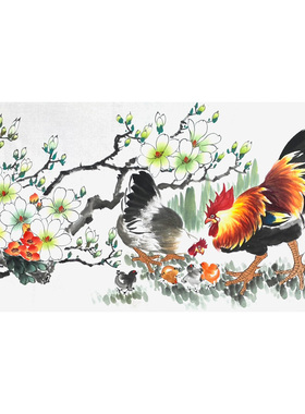 五福图生肖鸡画玉兰花画