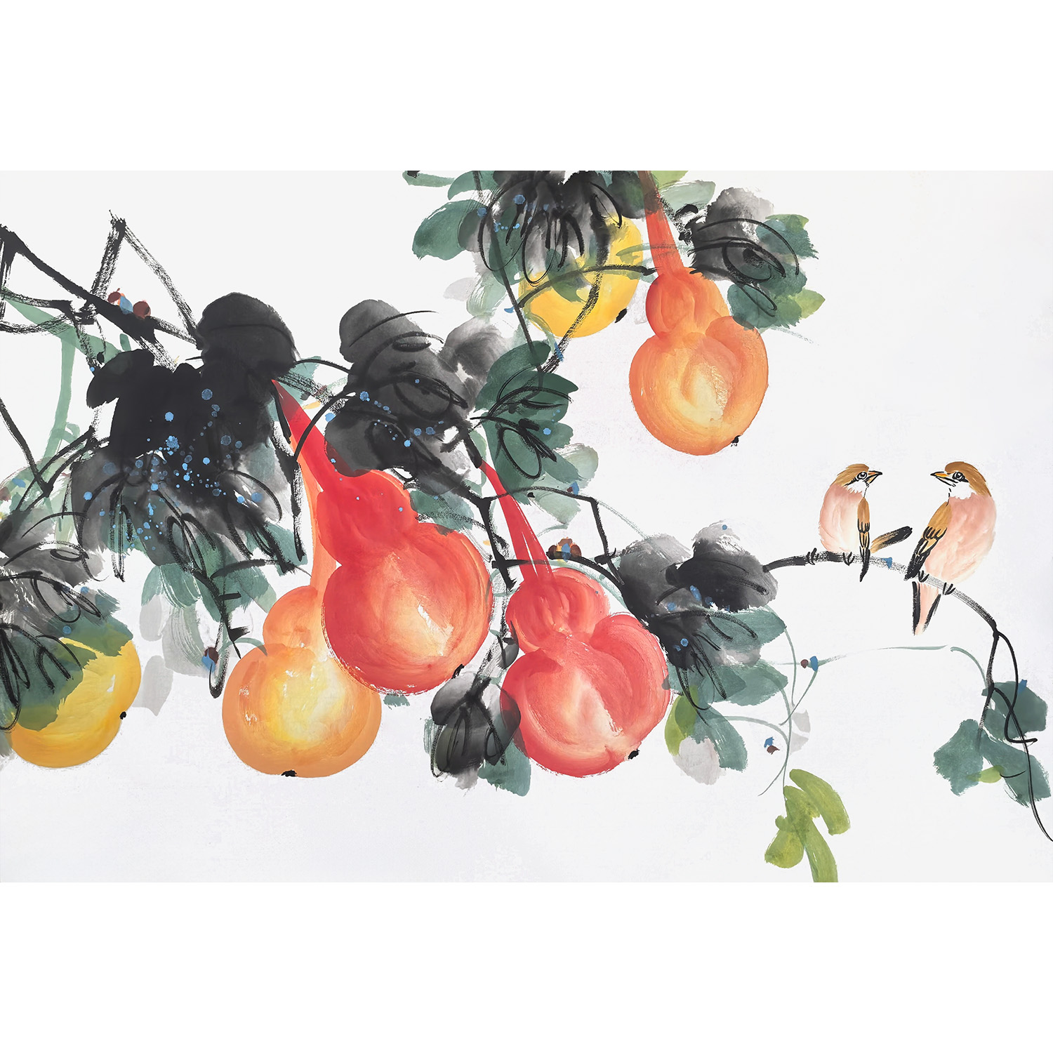 葫芦手绘字画 黄鹂画定制 水墨福禄图 丰收画 新中式五福临门挂画