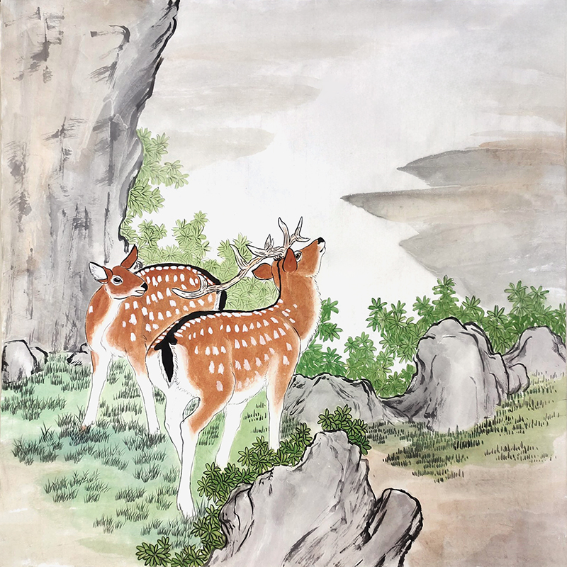 手绘梅花鹿画 双鹿呈祥图 鹿图 四方宣纸画 定制书房双鹿图装饰画图片