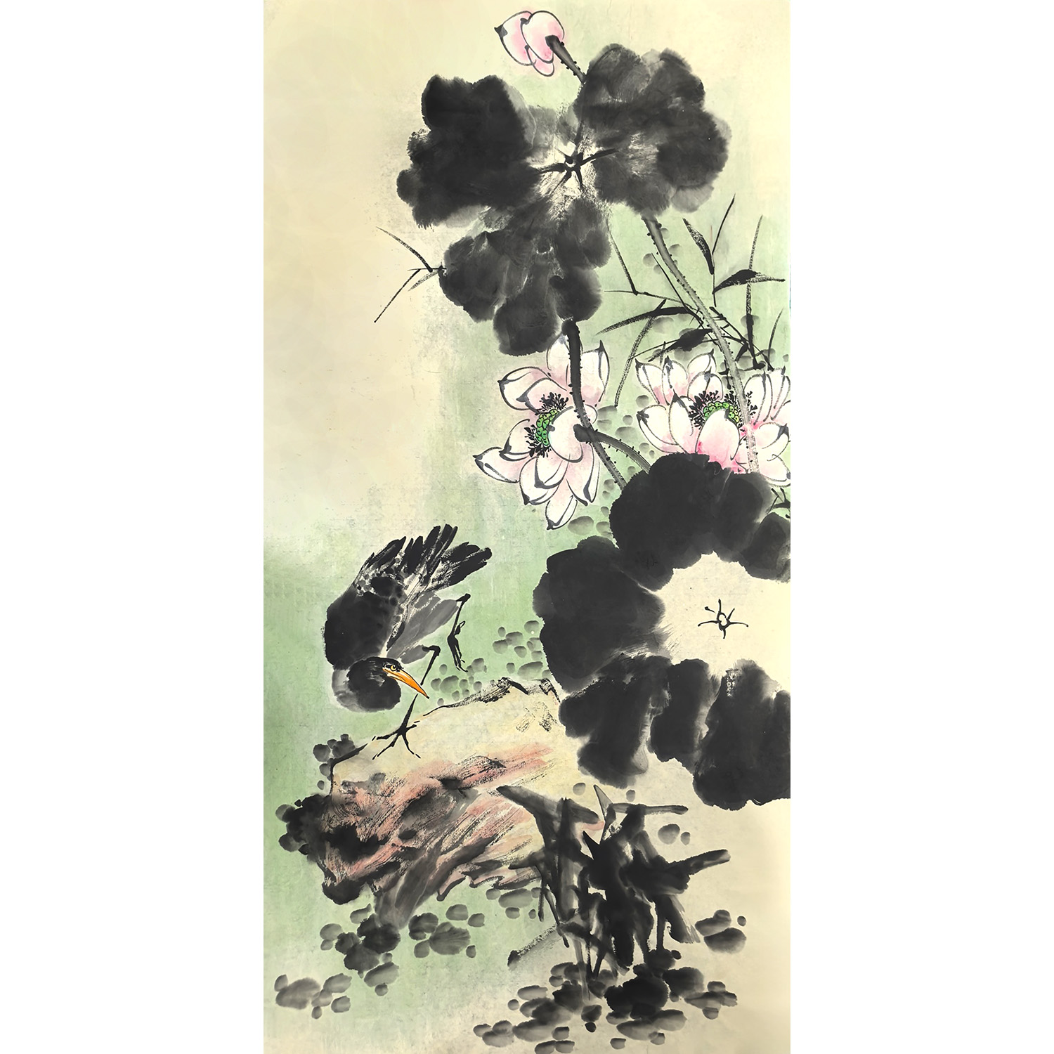 荷塘月色画 手绘水墨荷花画 苍鹭画 野鹭仿古挂画 李苦禅鹭鸶国画