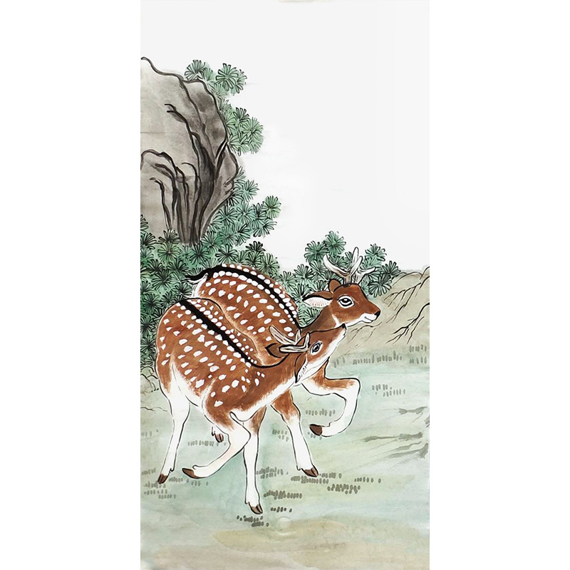 2024新款手绘34x68厘米松树梅花鹿国画客厅书房装饰挂画生财有鹿图片