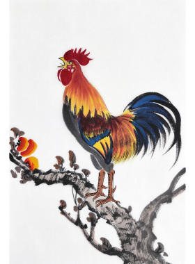公鸡挂画 手绘金鸡报晓画 大吉大利柿子画 十二生肖公鸡画 吉祥画