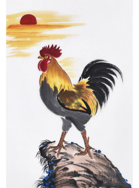 金鸡报晓挂画 手绘雄鸡画 大吉大利旭日东升画 十二生肖公鸡国画