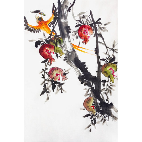 定制手绘石榴画68x45水墨石榴画多子多福图八大山人花鸟石榴挂画