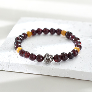 男生水瓶星座射手座幸运石单圈手串文艺时尚银福珠黄玉石榴石手链