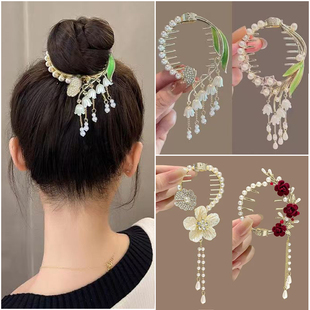 古风铃兰花丸子头盘发夹子抓夹女夏季流苏马尾扣后脑勺发夹扣头饰