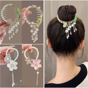 古风铃兰花丸子头抓夹女汉服流苏马尾扣后脑勺发夹扣盘发夹子头饰