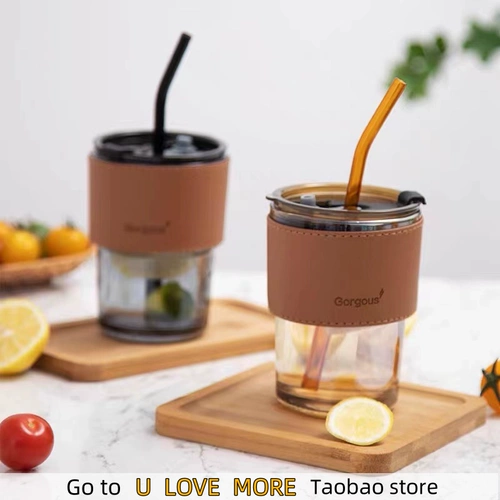 400 мл Стеклянная соломенная чашка с изоляционной крышкой может быть горячим микрофоном