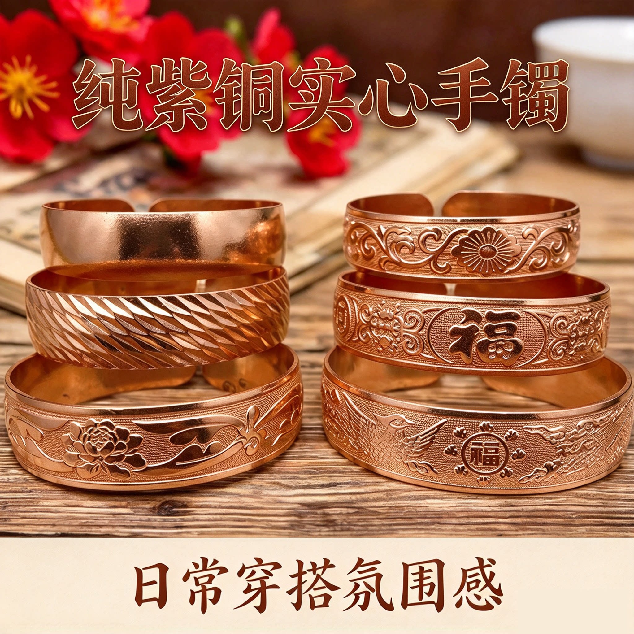 古法紫铜实心吉言手镯送妈妈