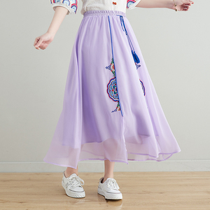 RM24861#春夏民族风女装复古中长绣花裙女流苏绑带纱裙半身大摆裙女