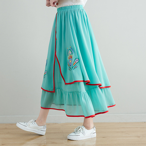 RM24860#春夏新款绣花雪纺半身裙民族风中长裙复古文艺大摆裙女裙子