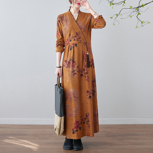 RM24873#新款国风中式长裙女德绒V领气质仙女裙流苏大码高贵连衣裙女