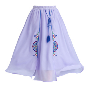 RM24861#春夏民族风女装复古中长绣花裙女流苏绑带纱裙半身大摆裙女