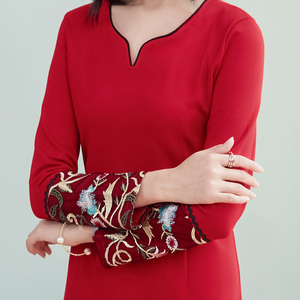 RM24868#复古绣花连衣裙女中长款修身显瘦改良旗袍裙女打底女裙子