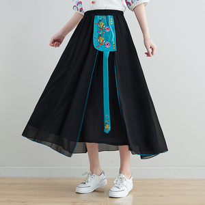RM24859#春夏民族风女装半身裙文艺复古中国风雪纺绣花大摆中长裙女