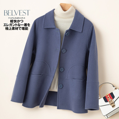 新款秋冬双面毛呢大衣女短款娃娃领单排扣小个子纯羊毛呢子外套女