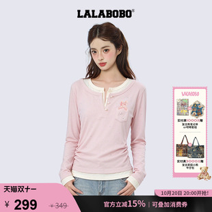 【拾空梦偶记】LALABOBO长袖T恤女26秋新粉闪钻蝴蝶结假两件上衣