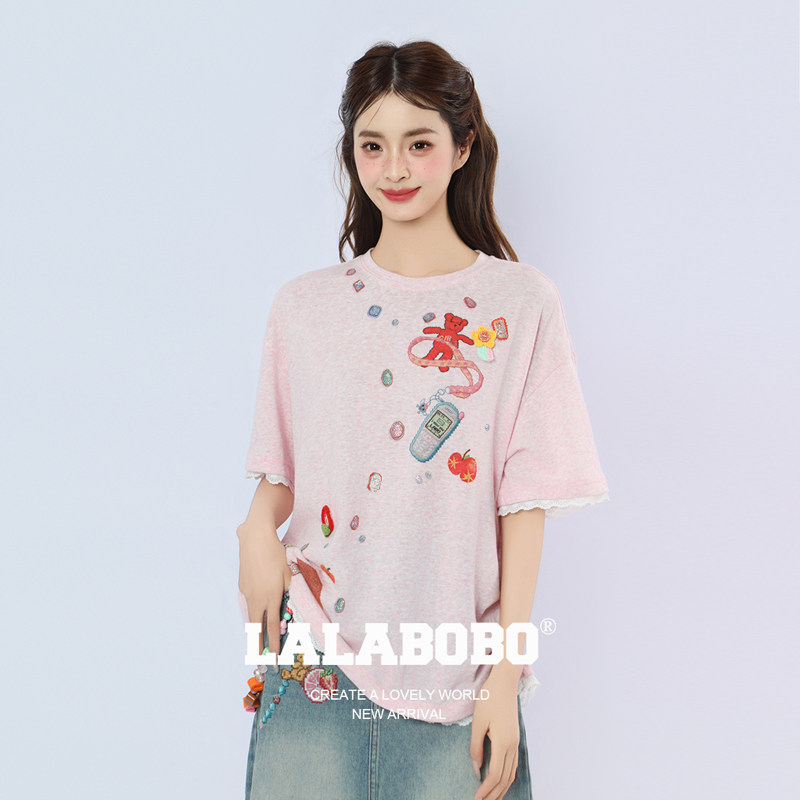 LALABOBO赵一博拼豆花边短袖T恤图片