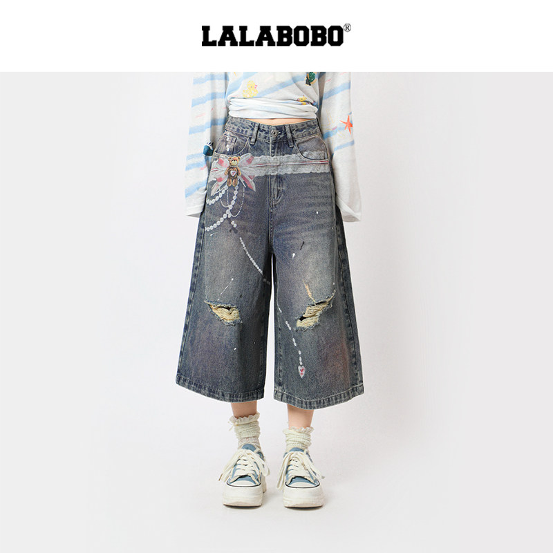 【视错】LALABOBO七分牛仔短裤26年夏新原创潮直筒印花显腿