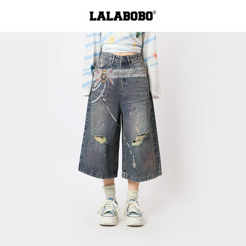LABO视错蕾丝直筒阔腿牛仔七分裤