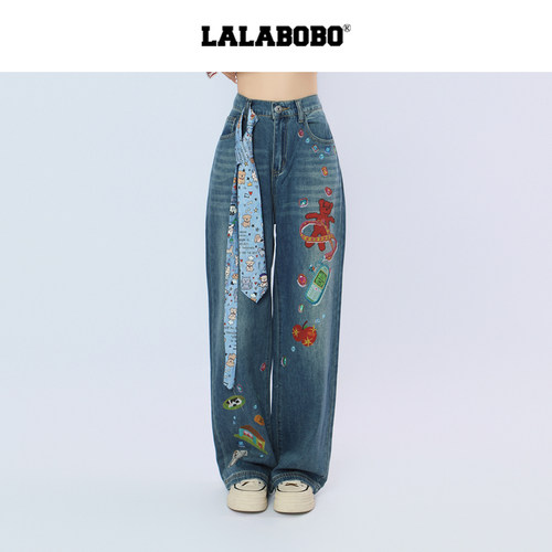 LALABOBO拼豆牛仔长裤