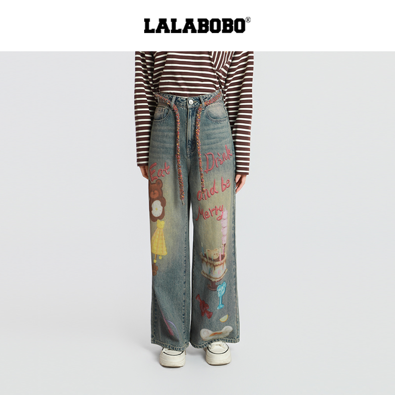 LALABOBO野餐小熊高腰牛仔长裤