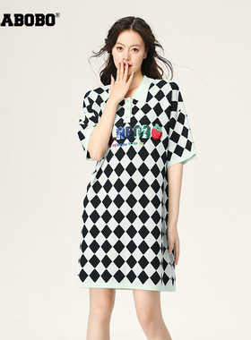 LALABOBO秋季新款简约潮流百搭翻领毛织短袖连衣身裙|LBCB-WLZY14