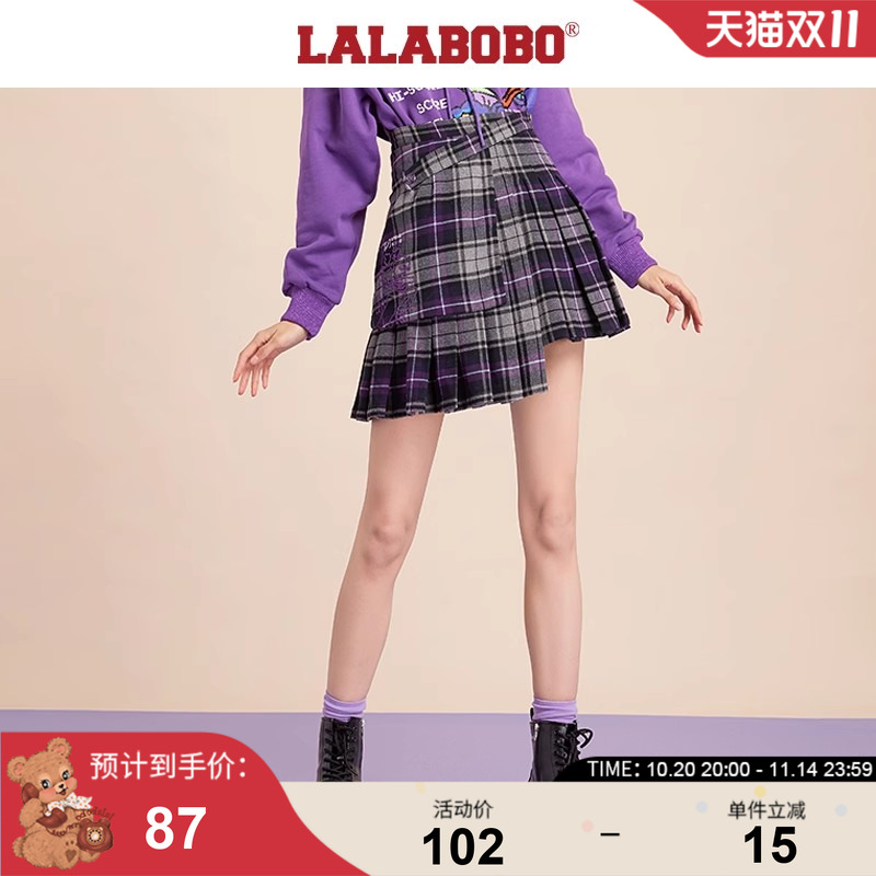 LALABOBO春秋新品可爱时尚款盘带绣格子梭织短半身裙|L20D-WXZQ13