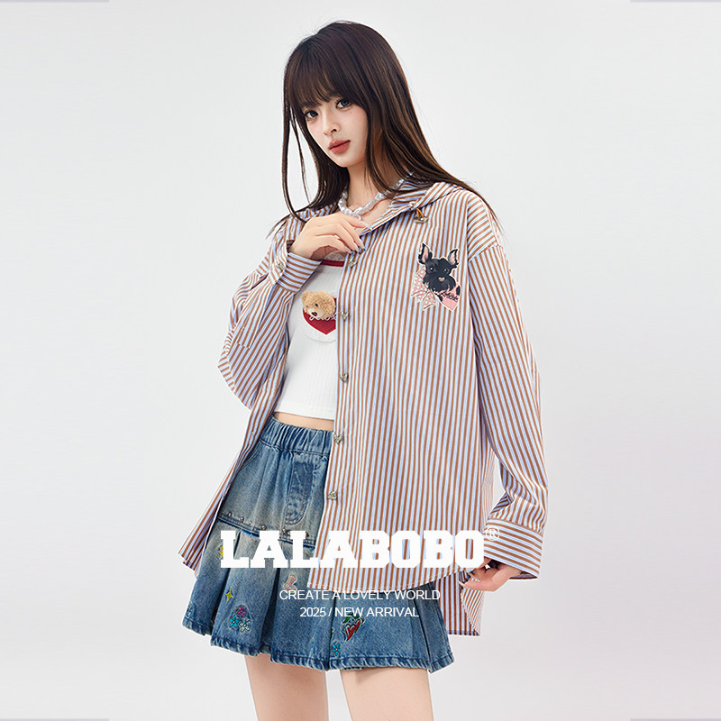 【商场同款】LALABOBO26年衬衫夏新款女原创潮牌条纹长袖印花上衣