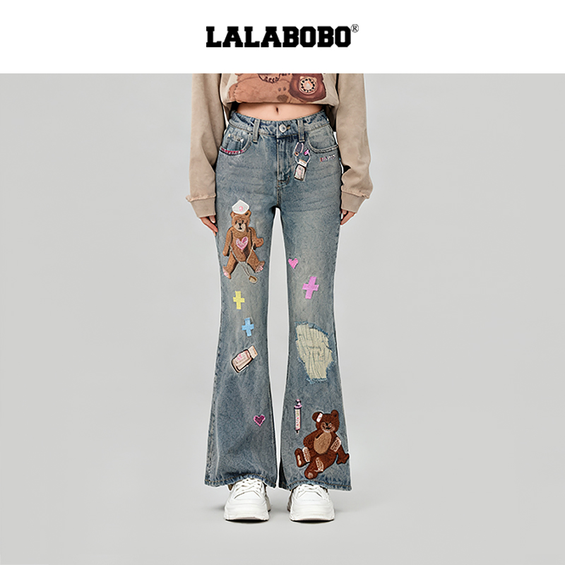 LALABOBO复古小熊微喇牛仔裤