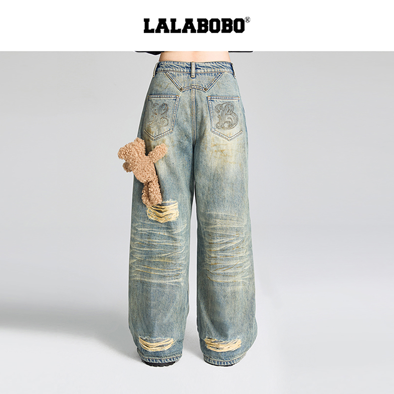 LALABOBO王鹤润复古做旧牛仔裤