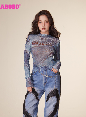 盛朗熙同款[格雷系]LALABOBO春夏新款网纱薄款上衣圆领长袖T恤女