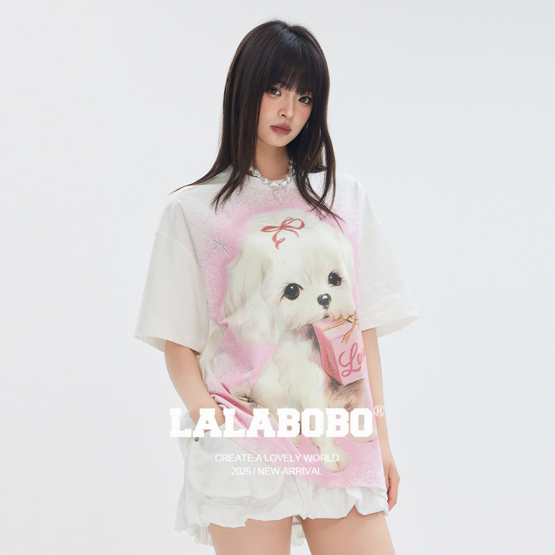 【胡晓慧同款】LALABOBO26年T恤夏新女原创潮小狗满印花短袖上衣