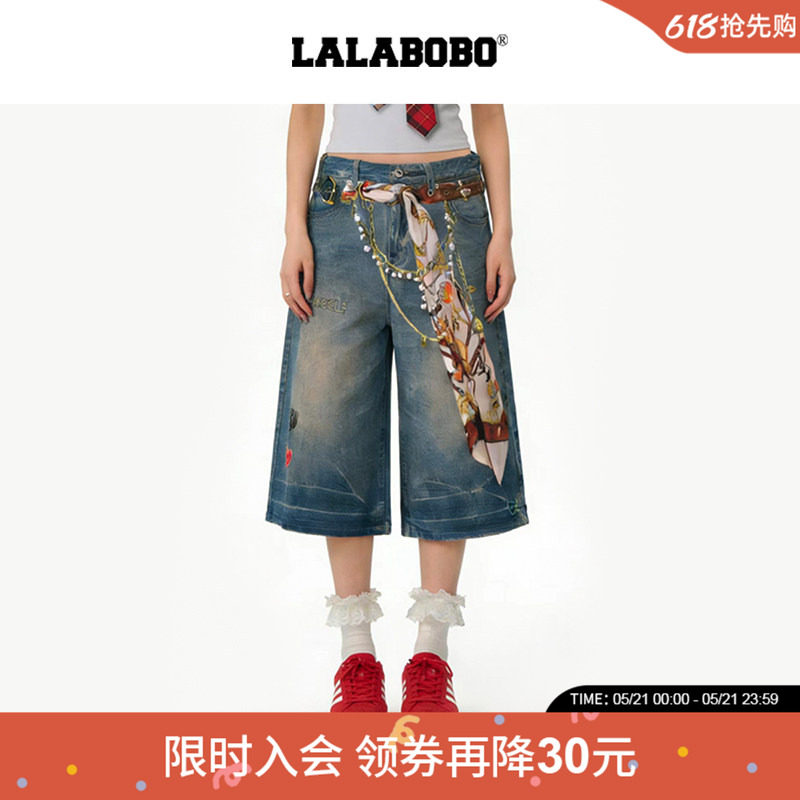 【视错】LALABOBO牛仔短裤26年夏新原创直筒印花七分裤显腿