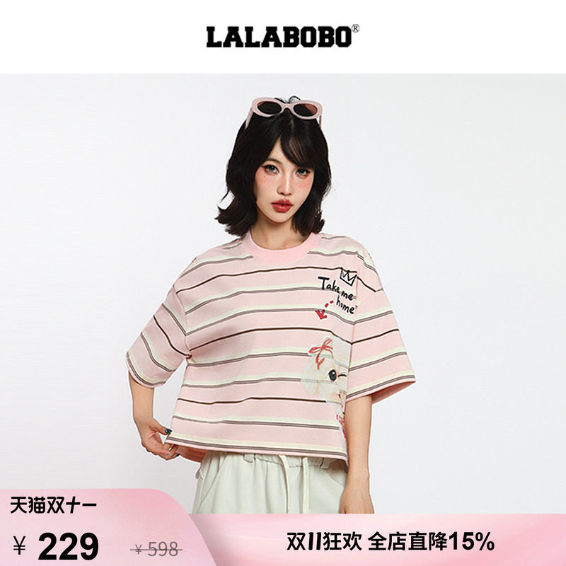 【快乐守护队】LALABOBO条纹短袖T恤26年夏新原创清新风百搭上衣