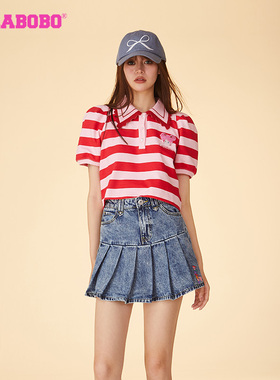 LALABOBO25春季新款简约休闲条纹撞色欧若拉翻领T恤女LBDB-WSDT20