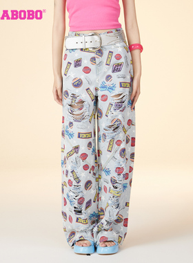 王文绮同款LALABOBO复古休闲纯棉高腰满印破洞牛仔裤|LBDB-WXZC36