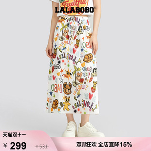 【复古时光】LALABOBO半身裙26年秋新卡通印花高腰A字中长款裙子