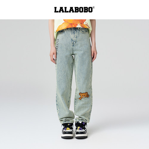 LALABOBO小熊图案牛仔长裤