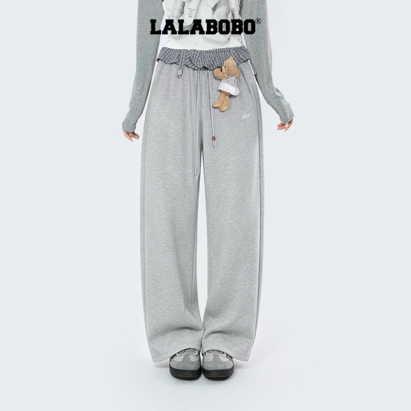【立体小熊】LALABOBO卫裤女26年秋新宽松直筒格纹拼接垂感阔腿裤