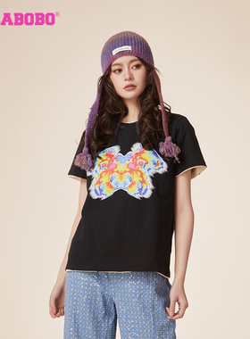 刘璇同款LALABOBO春新甜辣可爱热成像套头短袖T恤黑色LBDA-WSDT32
