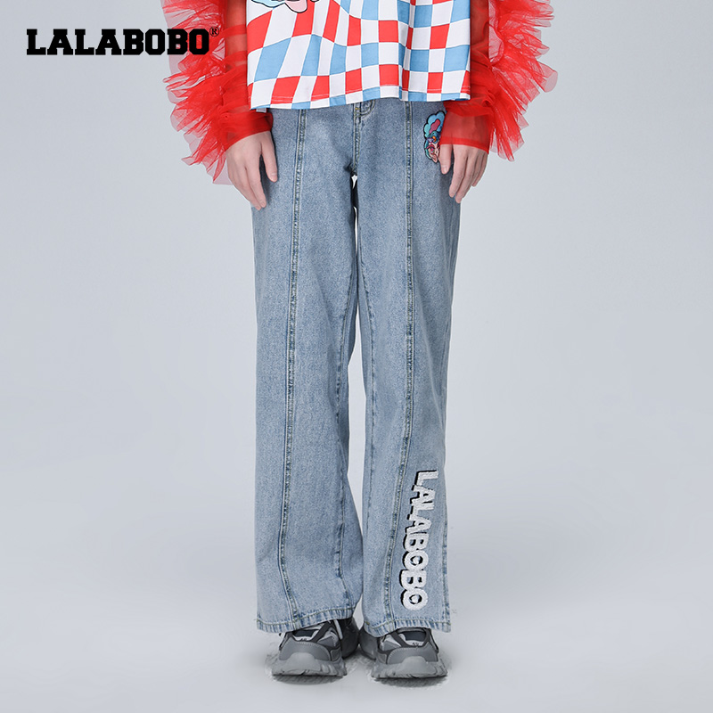 LALABOBO纯棉直筒宽松字母牛仔裤