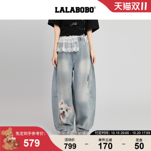 25年秋新原创直筒印花微阔显高裤 LALABOBO牛仔裤 子 预售免定金