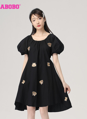 LALABOBO秋季新品款双生兔泡泡袖连梭织短袖连衣身裙|LBCB-WLZY31