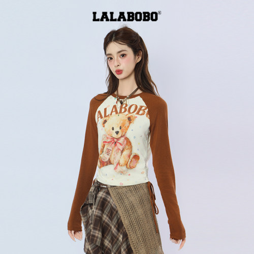 LALABOBO蝴蝶结小熊修身长袖T恤